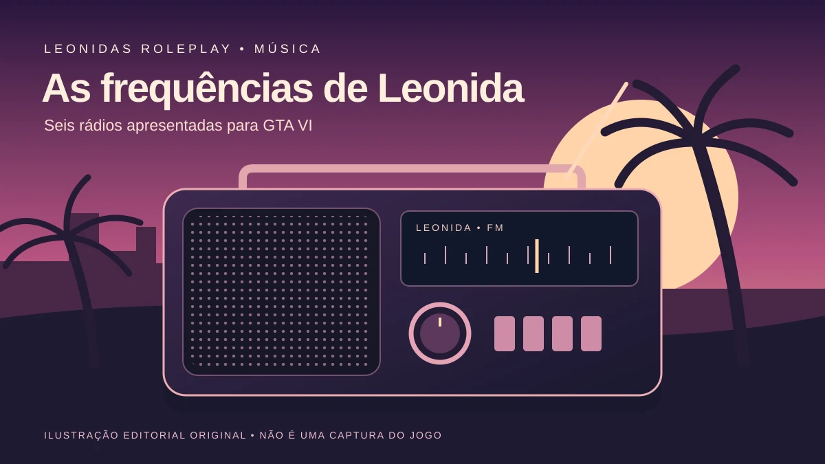 Rádio diante de um horizonte abstrato com palmeiras ao pôr do sol, em tons de rosa, laranja e roxo